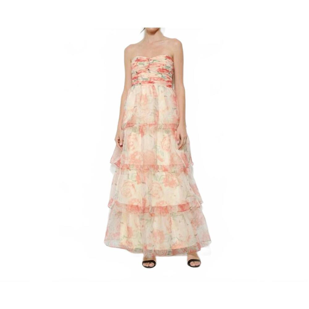 NEW INA FASHION floral-tiered strapless maxi dress in orange multi